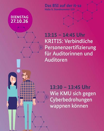 Zwei Events auf einem Zeitstrahl zum 27.10. der it-sa 2026 zu den Themen der Cybersichherheit in der Wirtschaft. Datum in einer lilanen Bubble. Links unten zwei Personen mit Ausrufezeichen über ihren Köpfen.