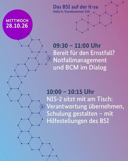 Zwei Events auf einem Zeitstrahl zum 28.10. der it-sa 2026 zu den Themen der Cybersichherheit in der Wirtschaft. Hintergrund in einem Farbverlauf von hellblau zu hellpink. Datum in einer lilanen Bubble.